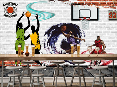 街頭籃球賽磚墻陰影壁畫背景墻
