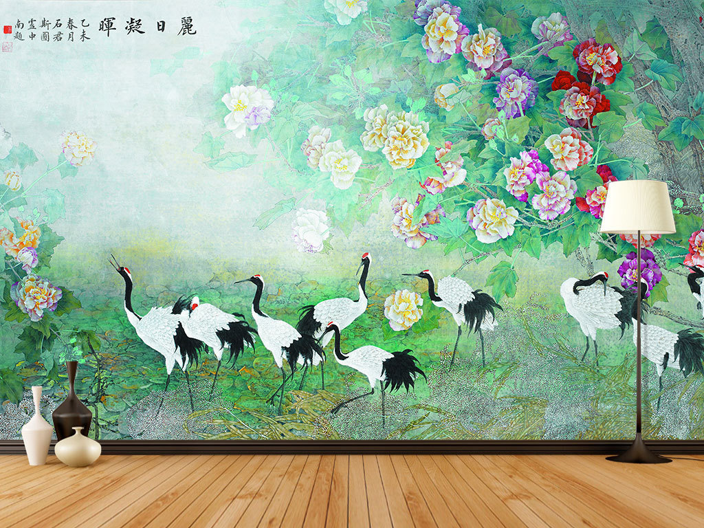 古風(fēng)水墨鶴牡丹花中式背景墻壁畫